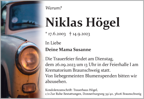 Traueranzeige von Niklas Högel von Braunschweiger Zeitung