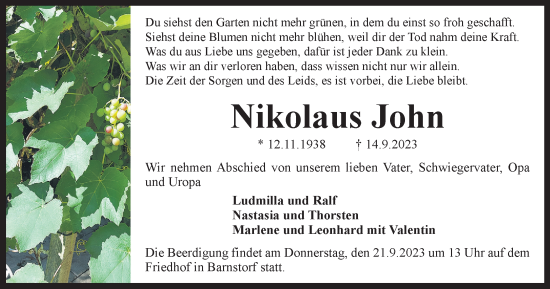 Traueranzeige von Nikolaus John von Wolfsburger Nachrichten