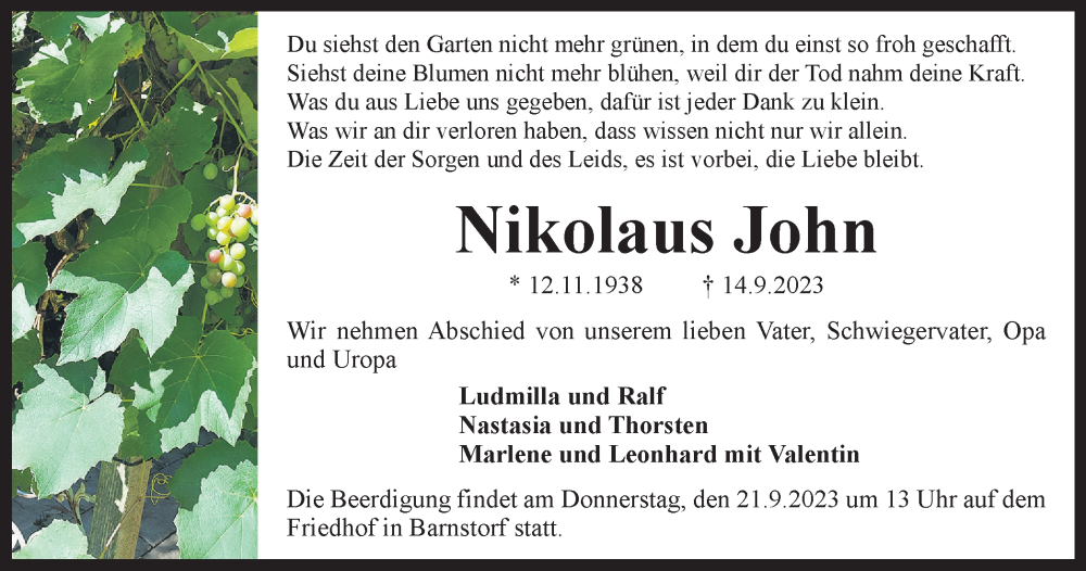 Traueranzeige für Nikolaus John vom 19.09.2023 aus Wolfsburger Nachrichten