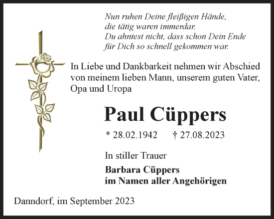 Traueranzeige von Paul Cüppers von Wolfsburger Nachrichten