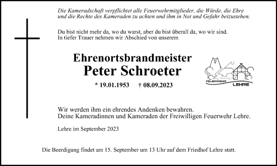 Traueranzeige von Peter Schroeter von Helmstedter Nachrichten