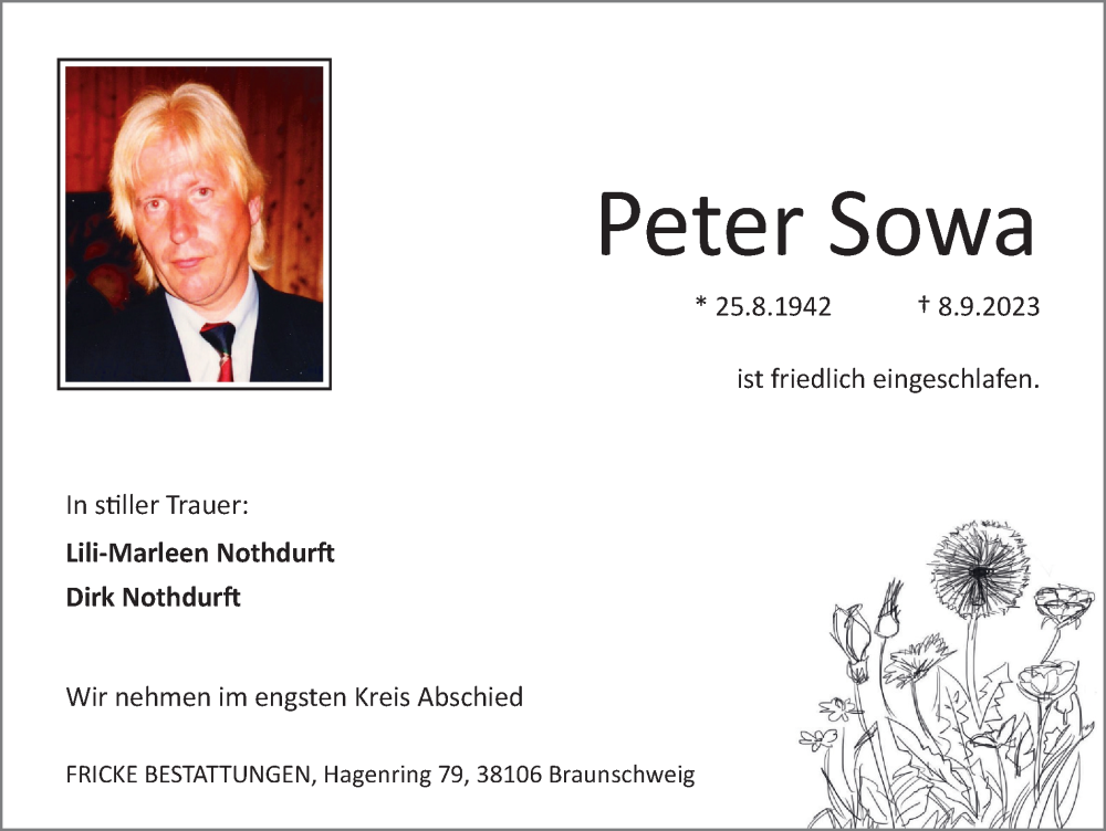  Traueranzeige für Peter Sowa vom 16.09.2023 aus Braunschweiger Zeitung