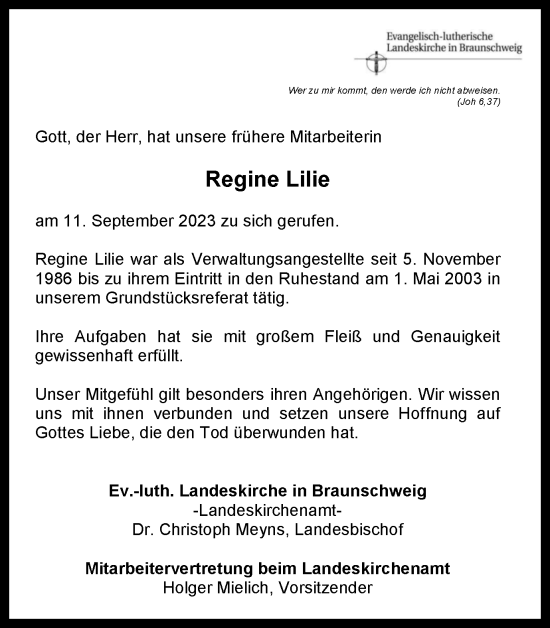 Traueranzeige von Regine Lilie von Wolfenbütteler Zeitung