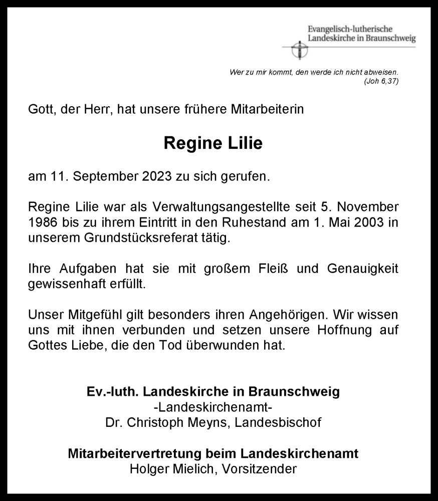  Traueranzeige für Regine Lilie vom 27.09.2023 aus Wolfenbütteler Zeitung