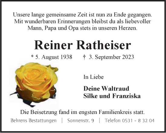 Traueranzeige von Reiner Ratheiser von Braunschweiger Zeitung