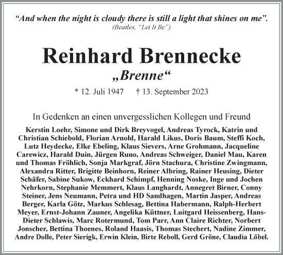 Traueranzeige von Reinhard Brennecke von Braunschweiger Zeitung