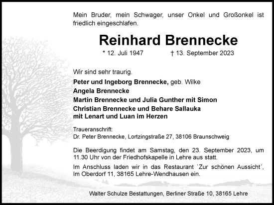 Traueranzeige von Reinhard Brennecke von Braunschweiger Zeitung