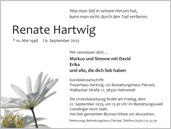 Traueranzeige von Renate Hartwig von Helmstedter Nachrichten