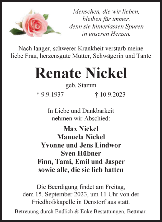 Traueranzeige von Renate Nickel von Peiner Nachrichten