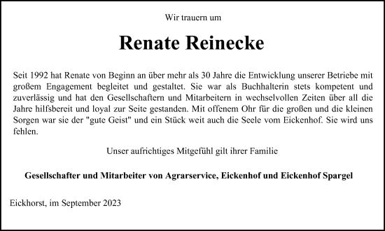 Traueranzeige von Renate Reinecke von Wolfsburger Nachrichten