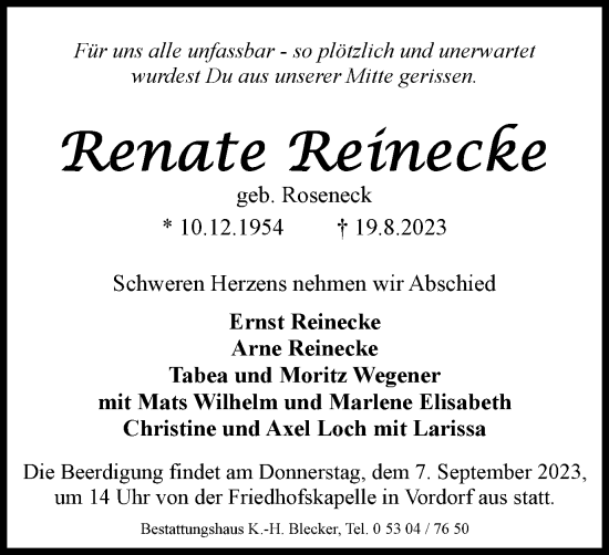 Traueranzeige von Renate Reinecke von Wolfsburger Nachrichten
