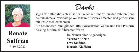 Traueranzeige von Renate Sulfrian von Helmstedter Nachrichten