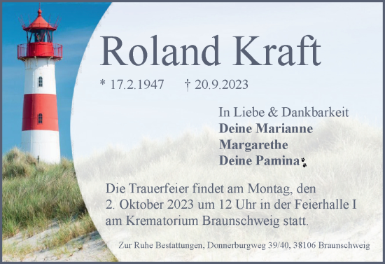 Traueranzeige von Roland Kraft von Braunschweiger Zeitung