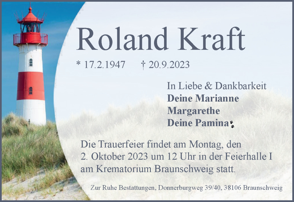  Traueranzeige für Roland Kraft vom 27.09.2023 aus Braunschweiger Zeitung