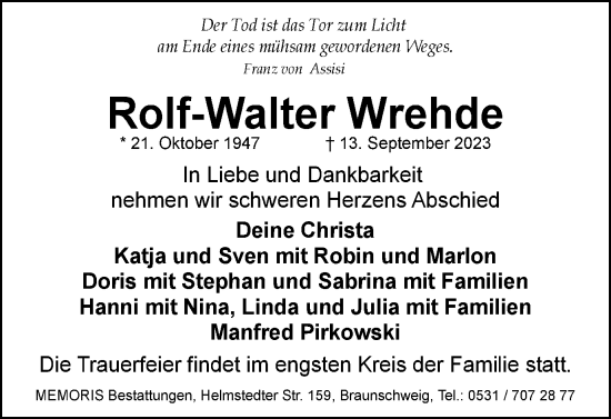 Traueranzeige von Rolf-Walter Wrehde von Braunschweiger Zeitung