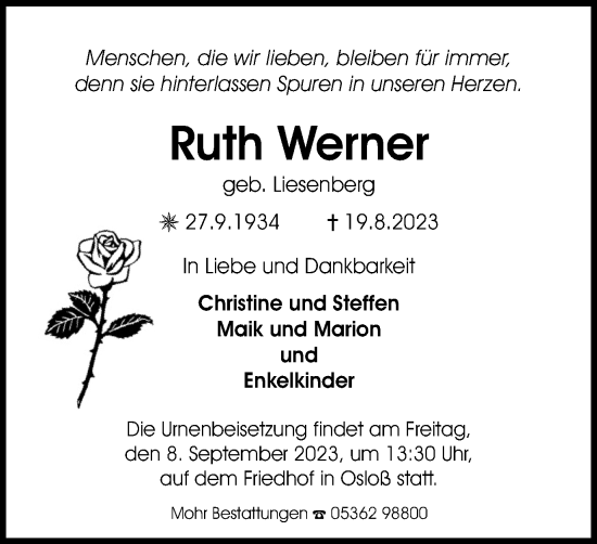 Traueranzeige von Ruth Werner von Wolfsburger Nachrichten