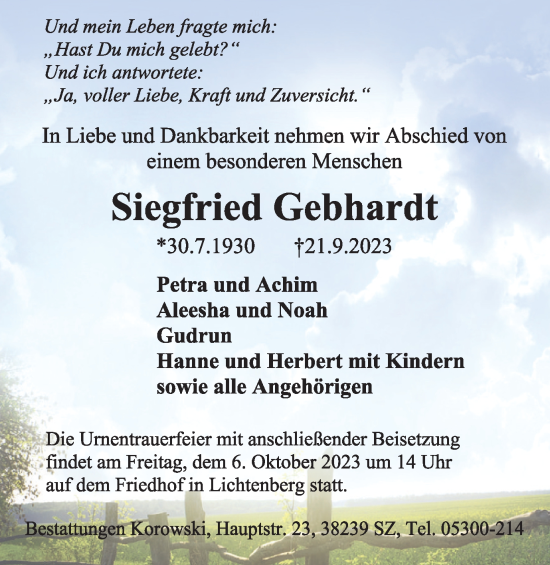 Traueranzeige von Siegfried Gebhardt von Salzgitter-Zeitung