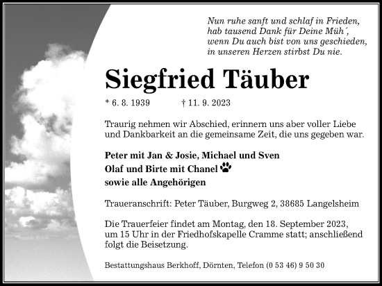 Traueranzeige von Siegfried Täuber von Braunschweiger Zeitung, Salzgitter-Zeitung