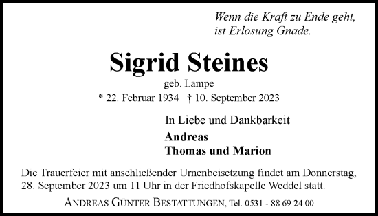 Traueranzeige von Sigrid Steines von Braunschweiger Zeitung