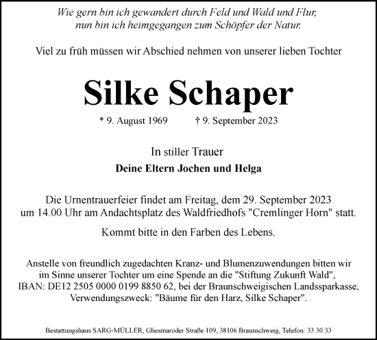 Traueranzeige von Silke Schaper von Braunschweiger Zeitung