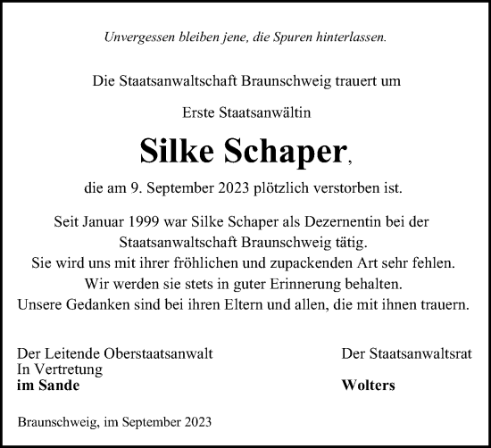 Traueranzeige von Silke Schaper von Braunschweiger Zeitung