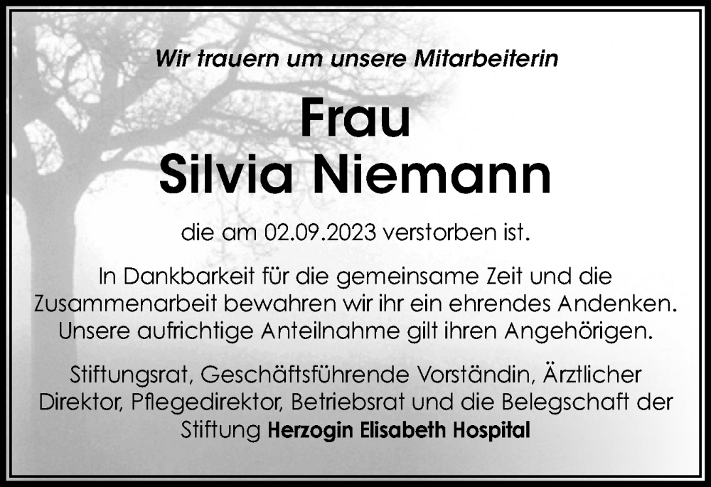  Traueranzeige für Silvia Niemann vom 23.09.2023 aus Braunschweiger Zeitung