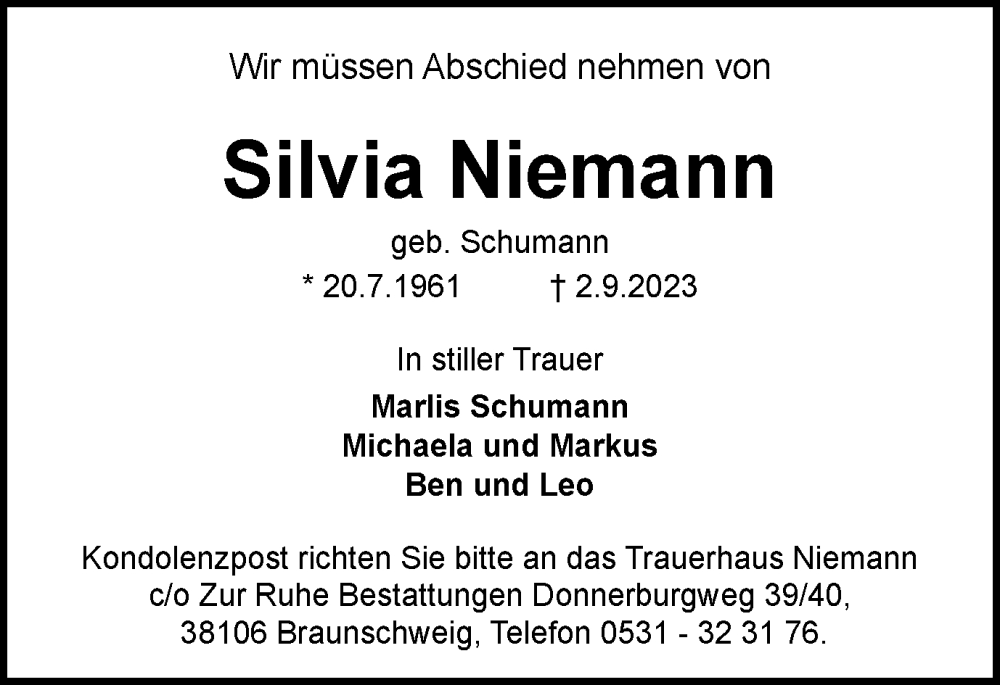  Traueranzeige für Silvia Niemann vom 16.09.2023 aus Braunschweiger Zeitung