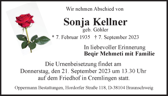 Traueranzeige von Sonja Kellner von Wolfenbütteler Zeitung