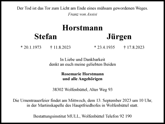 Traueranzeige von Stefan und Jürgen Horstmann von Wolfenbütteler Zeitung