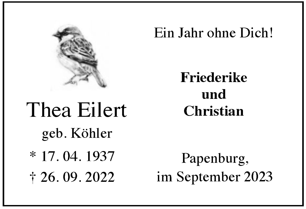  Traueranzeige für Thea Eilert vom 26.09.2023 aus Braunschweiger Zeitung