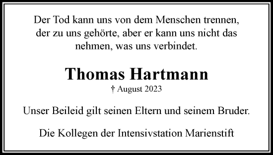 Traueranzeige von Thomas Hartmann von Neue Braunschweiger am Samstag