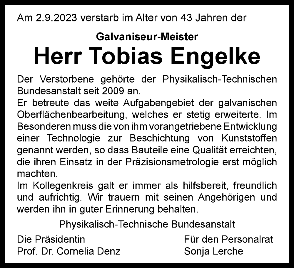  Traueranzeige für Tobias Engelke vom 11.09.2023 aus Braunschweiger Zeitung