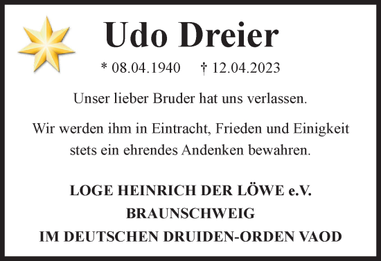 Traueranzeige von Udo Dreier von Braunschweiger Zeitung