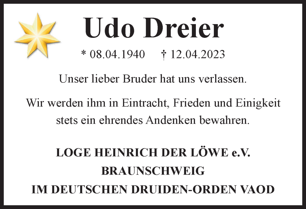  Traueranzeige für Udo Dreier vom 16.09.2023 aus Braunschweiger Zeitung