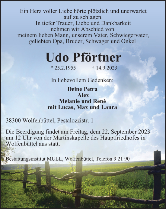 Traueranzeige von Udo Pförtner von Wolfenbütteler Zeitung