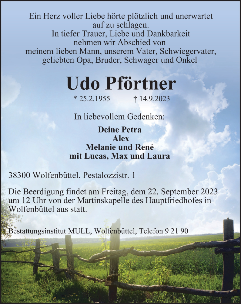  Traueranzeige für Udo Pförtner vom 19.09.2023 aus Wolfenbütteler Zeitung
