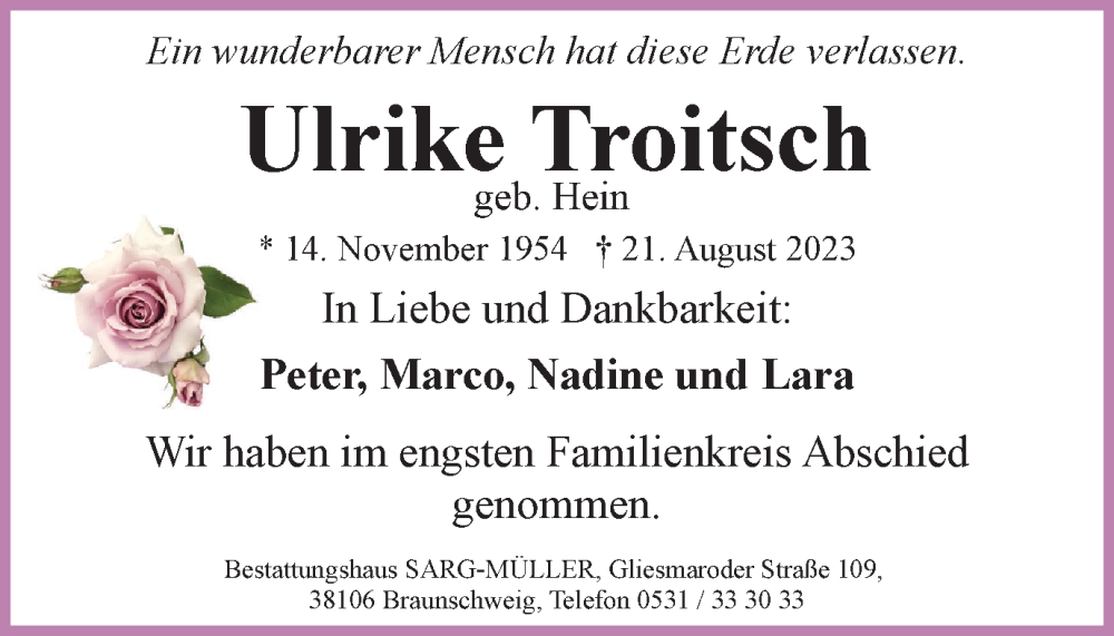  Traueranzeige für Ulrike Troitsch vom 02.09.2023 aus Braunschweiger Zeitung
