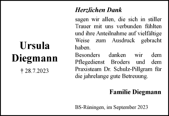 Traueranzeige von Ursula Diegmann von Braunschweiger Zeitung