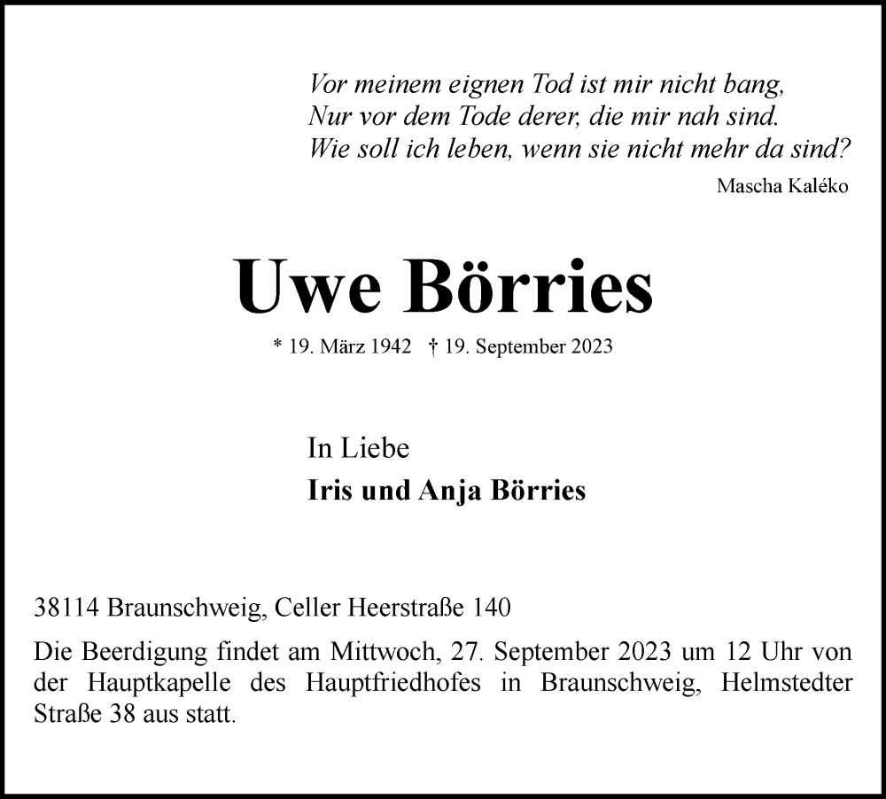  Traueranzeige für Uwe Börries vom 23.09.2023 aus Braunschweiger Zeitung