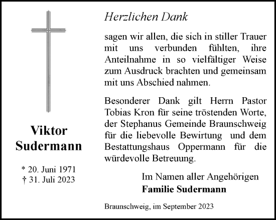 Traueranzeige von Viktor Sudermann von Braunschweiger Zeitung