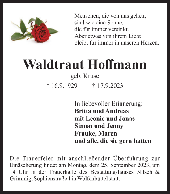 Traueranzeige von Waldtraut Hoffmann von Wolfenbütteler Zeitung