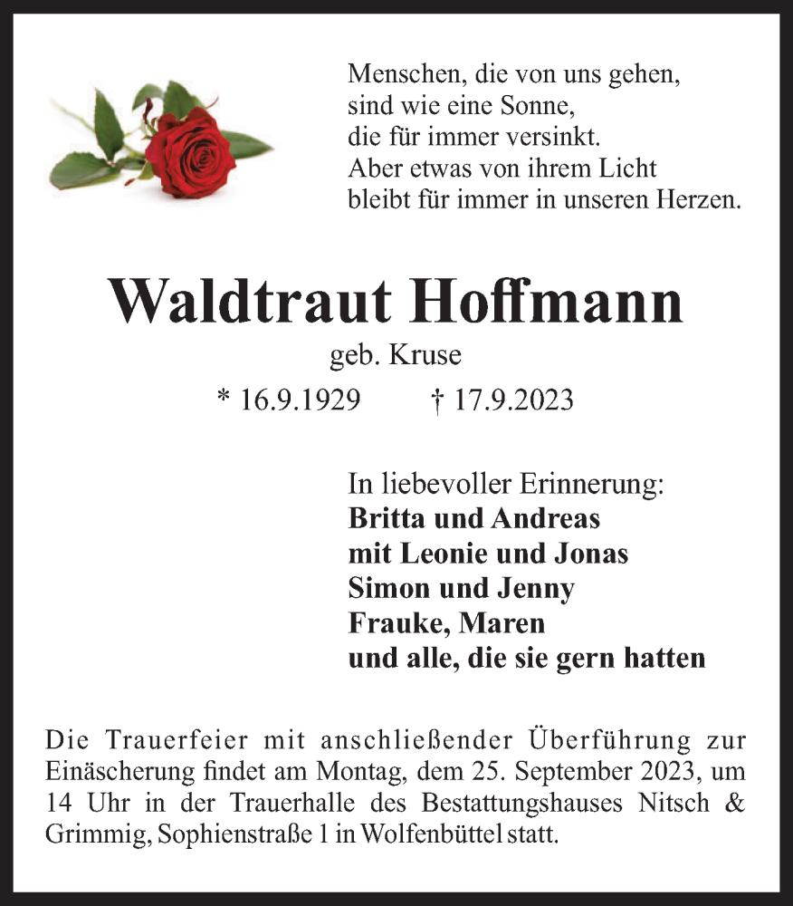  Traueranzeige für Waldtraut Hoffmann vom 21.09.2023 aus Wolfenbütteler Zeitung