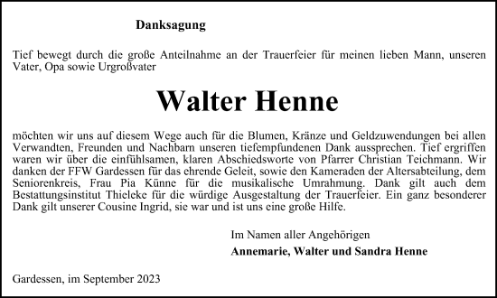 Traueranzeige von Walter Henne von Wolfenbütteler Zeitung