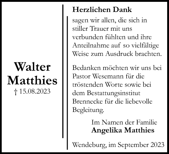 Traueranzeige von Walter Matthies von Peiner Nachrichten