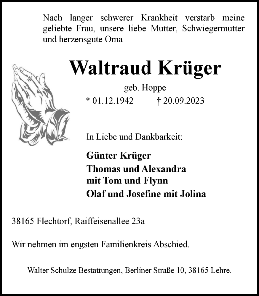  Traueranzeige für Waltraud Krüger vom 23.09.2023 aus Helmstedter Nachrichten