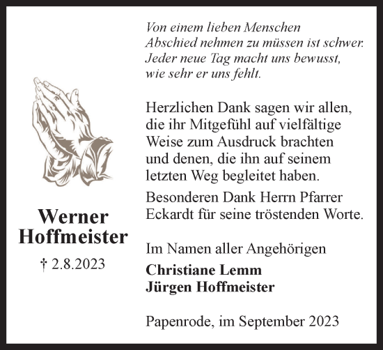 Traueranzeige von Werner Hoffmeister von Helmstedter Nachrichten