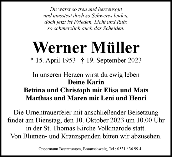 Traueranzeige von Werner Müller von Braunschweiger Zeitung