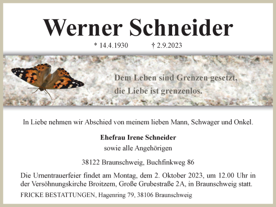 Traueranzeige von Werner Schneider von Braunschweiger Zeitung