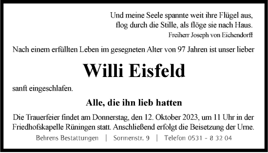 Traueranzeige von Willi Eisfeld von Braunschweiger Zeitung