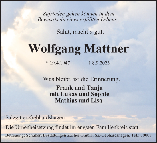Traueranzeige von Wolfgang Mattner von Salzgitter-Zeitung